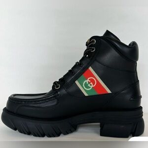 Gucci Black Leather Boots with Red and Green Accents